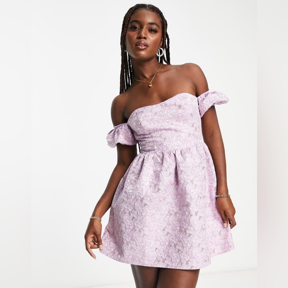 Miss Selfridge Jacquard Puff Sleeve Bardot Mini Dress In Lilac-purple